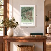 University Heights, California map, 12 x 18 inch print in a white frame in an entryway