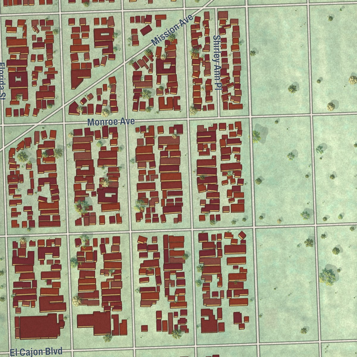 Second close-up of the map of University Heights, California print showing more streets and buildings
