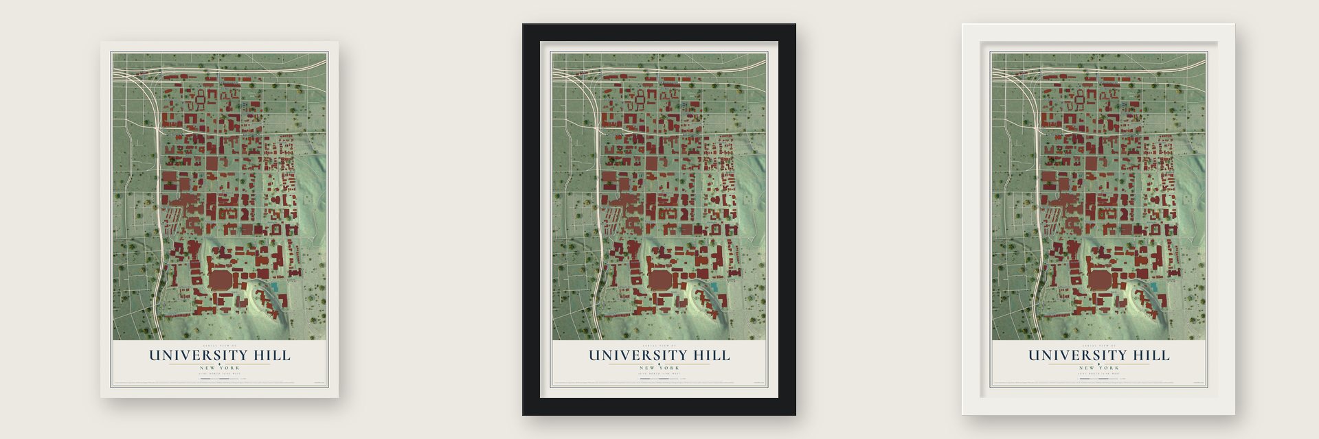University Hill, New York map unframed, in a black wood frame and in a white wood frame