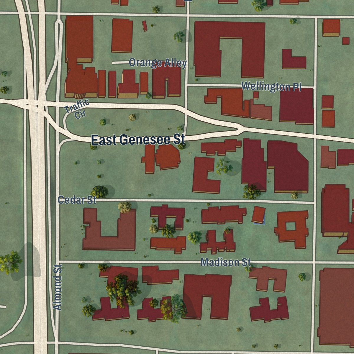 Second close-up of the map of University Hill, New York print showing more streets and buildings