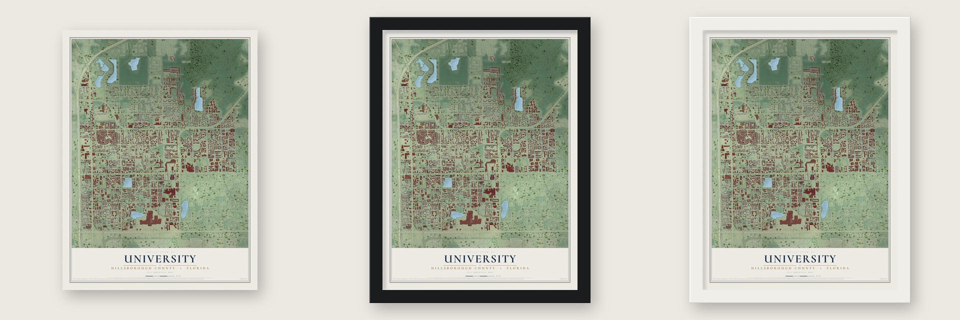 University, Hillsborough County, Florida map unframed, in a black wood frame and in a white wood frame