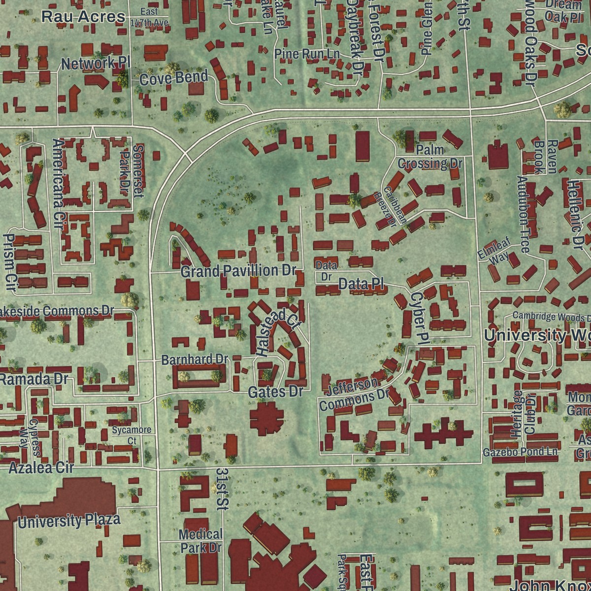 Second close-up of the map of University, Hillsborough County, Florida print showing more streets and buildings