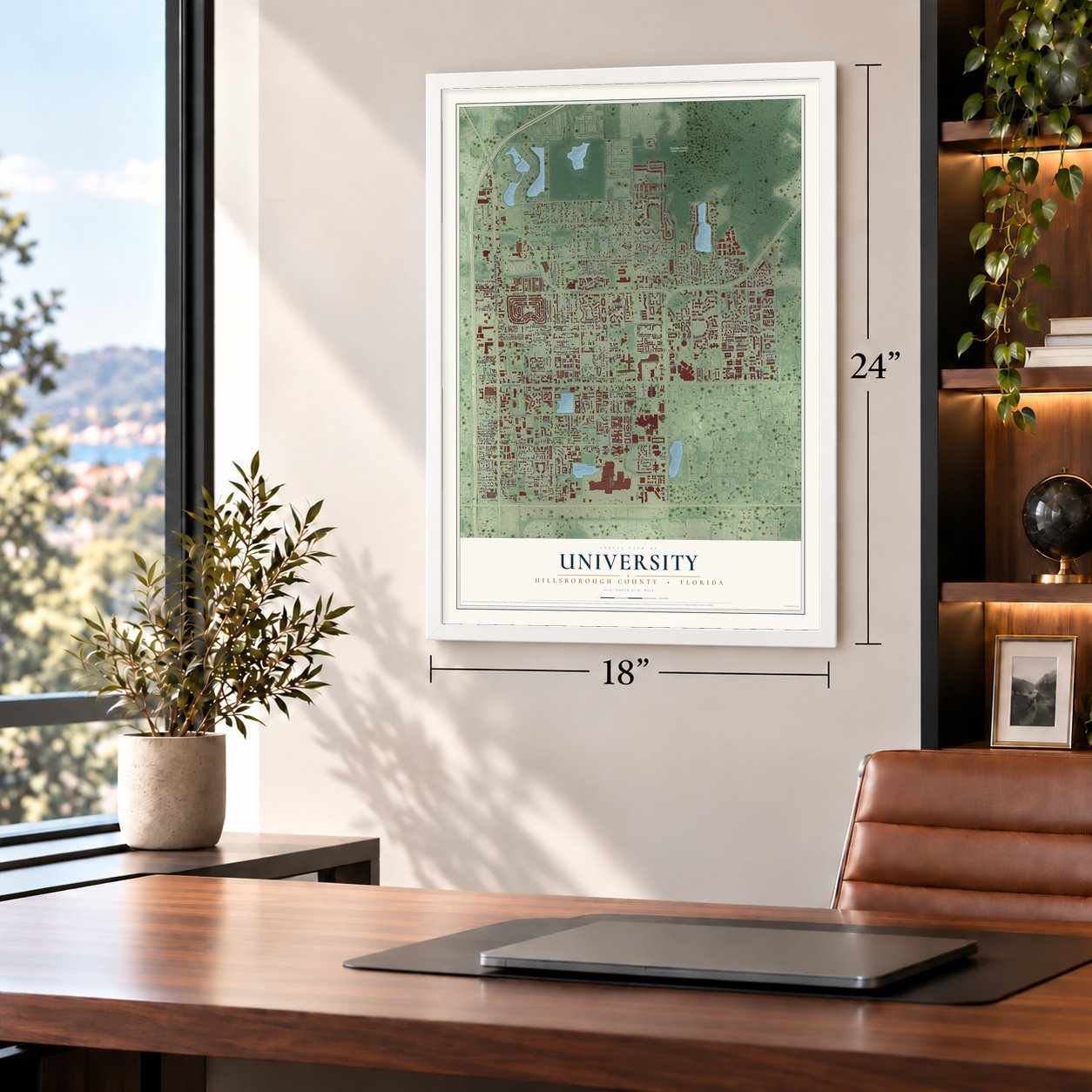 University, Hillsborough County, Florida map, 18 x 24 inch print in a white frame in a home office