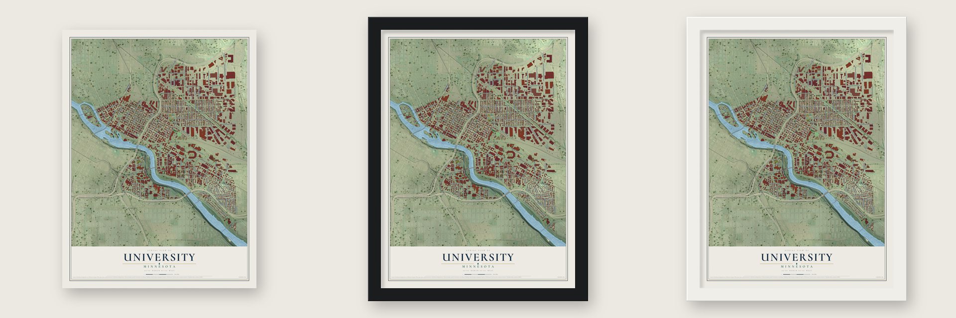 University, Minnesota map unframed, in a black wood frame and in a white wood frame