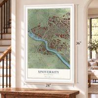 University, Minnesota map, 24 x 36 inch print in a white frame by a staircase