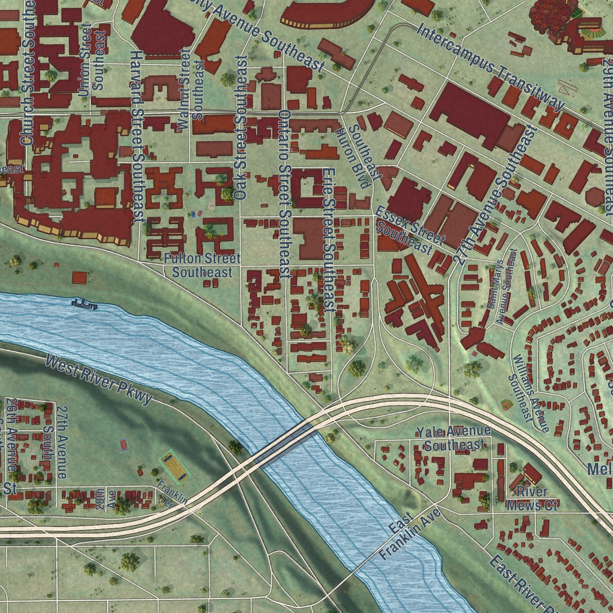 Second close-up of the map of University, Minnesota print showing more streets and buildings