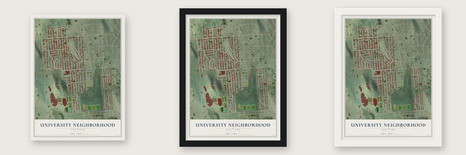 University Neighborhood, New York map unframed, in a black wood frame and in a white wood frame