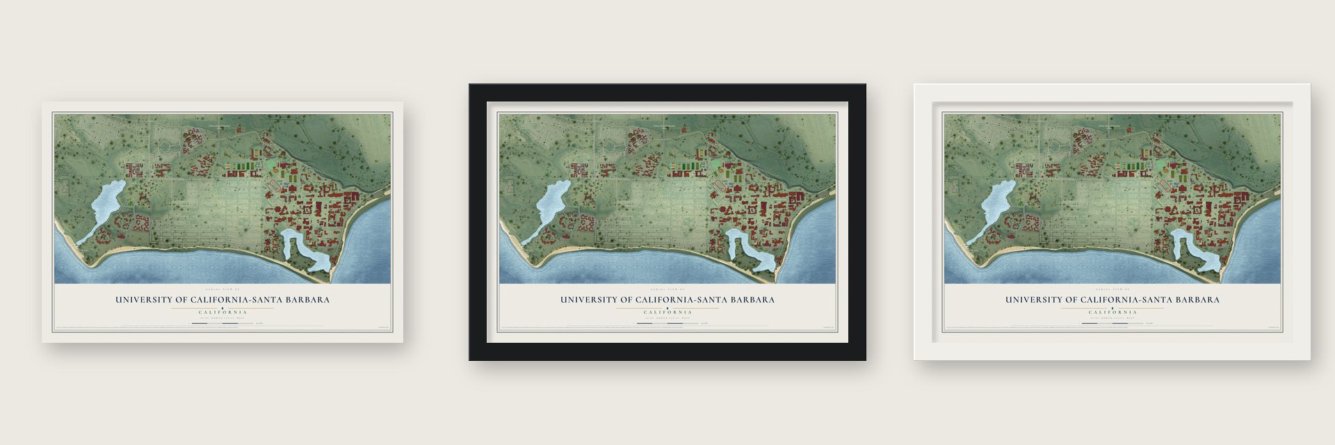 University of California-Santa Barbara, California map unframed, in a black wood frame and in a white wood frame