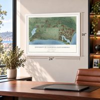University of California-Santa Barbara, California map, 18 x 24 inch print in a white frame in a home office