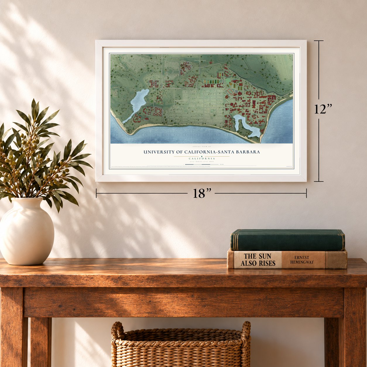 University of California-Santa Barbara, California map, 12 x 18 inch print in a white frame in an entryway