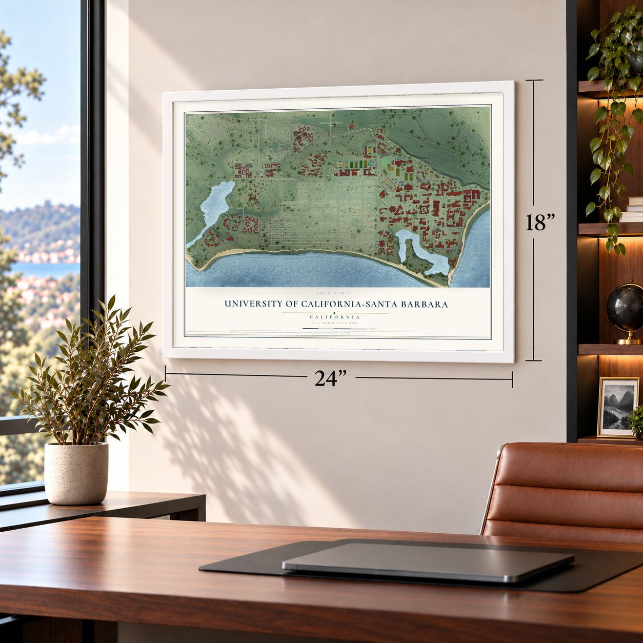 University of California-Santa Barbara, California map, 18 x 24 inch print in a white frame in a home office