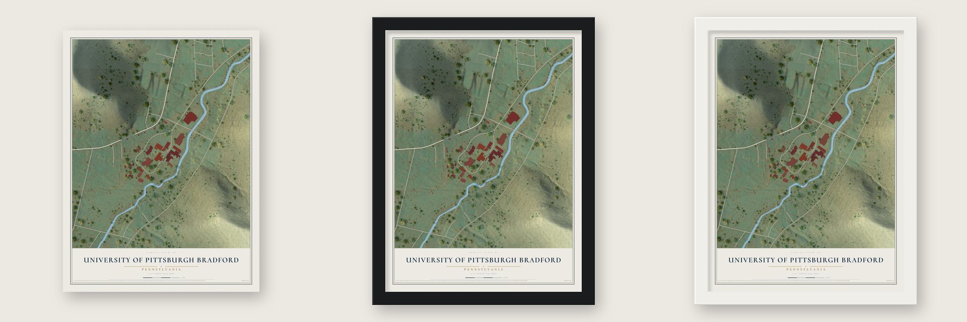 University of Pittsburgh Bradford, Pennsylvania map unframed, in a black wood frame and in a white wood frame