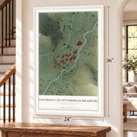 University of Pittsburgh Bradford, Pennsylvania map, 24 x 36 inch print in a white frame by a staircase