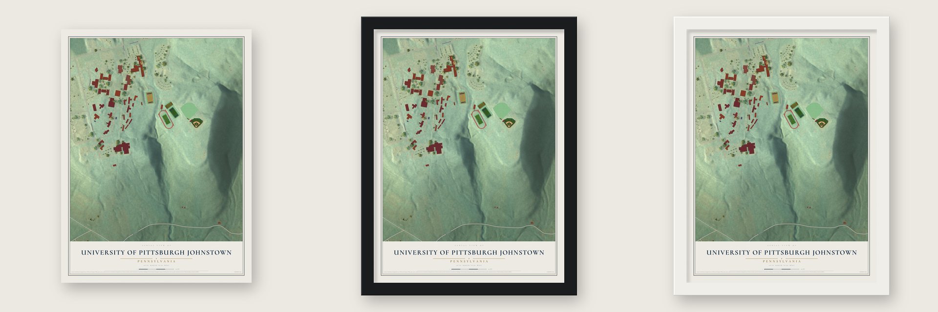 University of Pittsburgh Johnstown, Pennsylvania map unframed, in a black wood frame and in a white wood frame