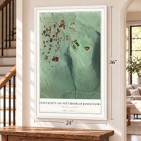 University of Pittsburgh Johnstown, Pennsylvania map, 24 x 36 inch print in a white frame by a staircase