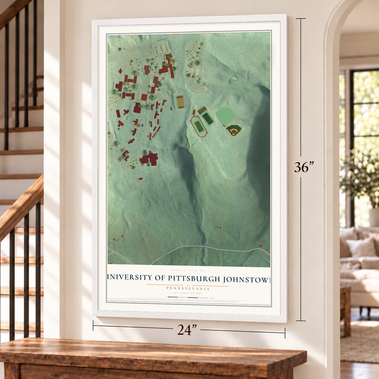 University of Pittsburgh Johnstown, Pennsylvania map, 24 x 36 inch print in a white frame by a staircase
