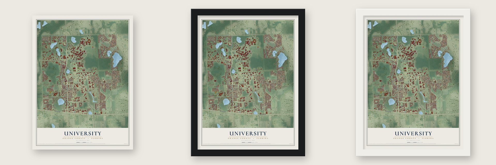 University, Orange County, Florida map unframed, in a black wood frame and in a white wood frame