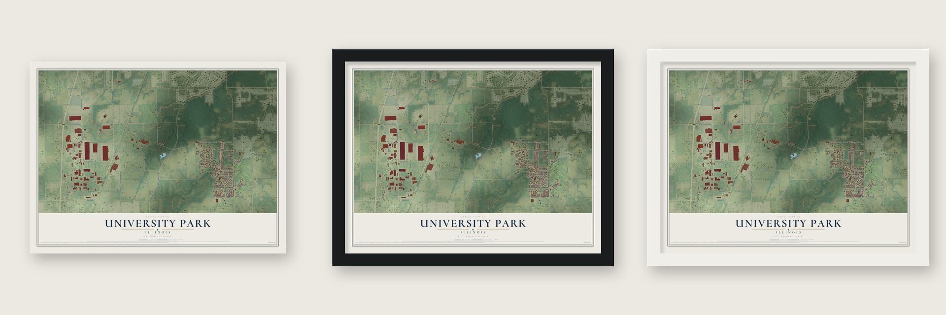 University Park, Illinois map unframed, in a black wood frame and in a white wood frame