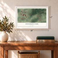 University Park, Illinois map, 12 x 18 inch print in a white frame in an entryway