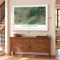 University Park, Illinois map, 24 x 36 inch print in a white frame above a dresser by a staircase