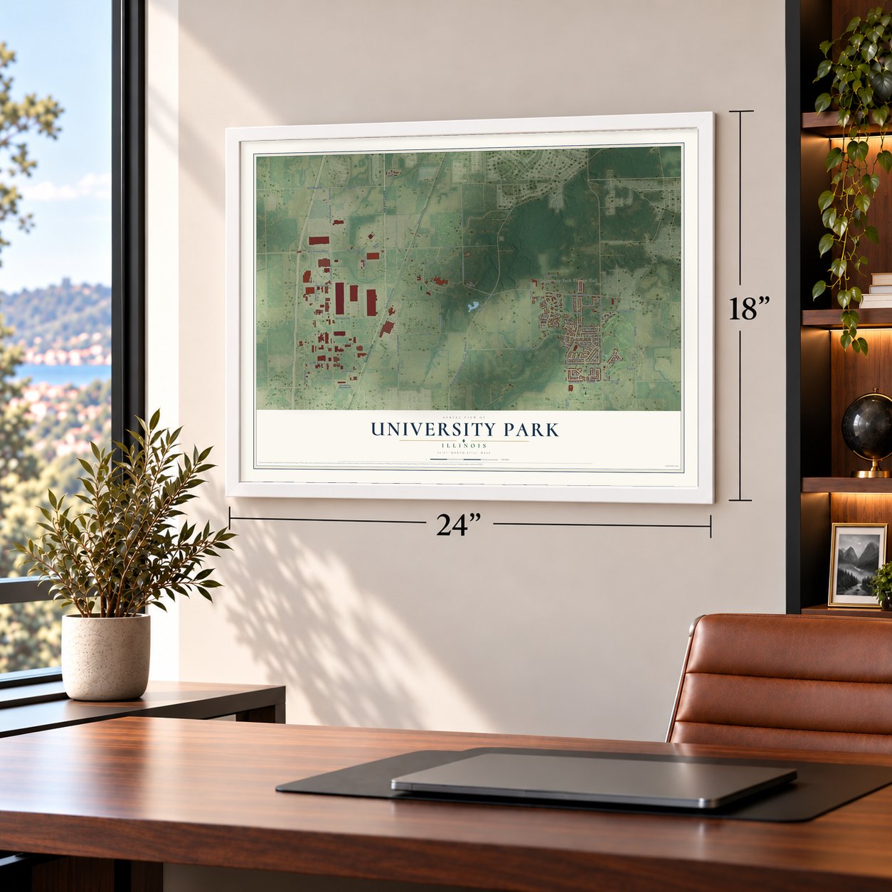 University Park, Illinois map, 18 x 24 inch print in a white frame in a home office