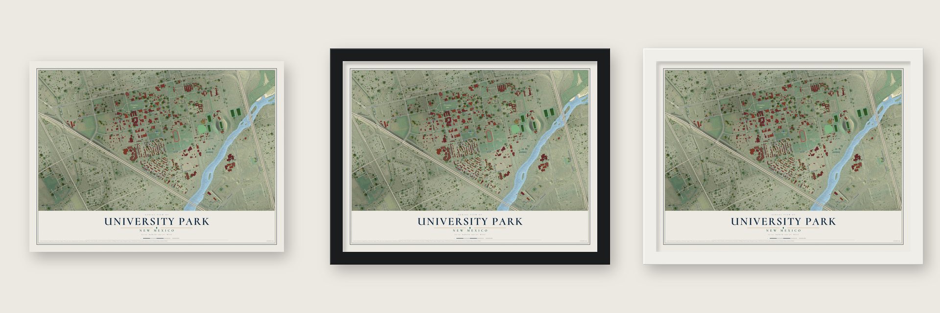University Park, New Mexico map unframed, in a black wood frame and in a white wood frame
