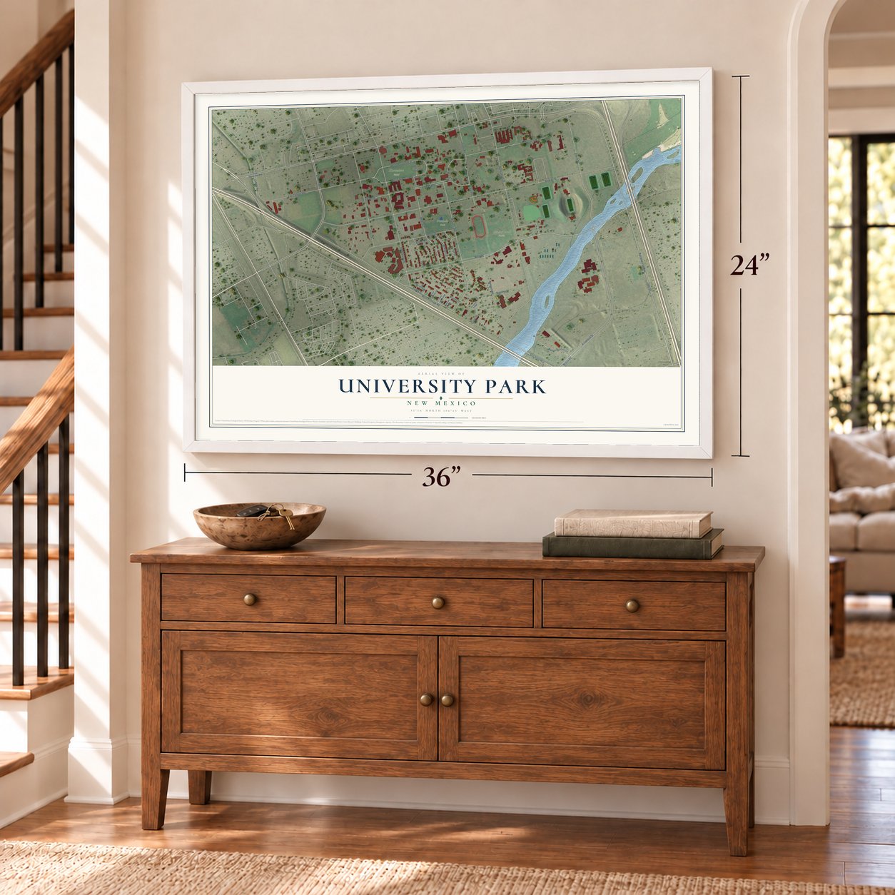 University Park, New Mexico map, 24 x 36 inch print in a white frame above a dresser by a staircase