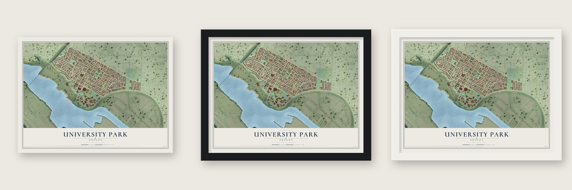 University Park, Oregon map unframed, in a black wood frame and in a white wood frame