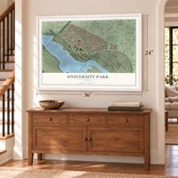 University Park, Oregon map, 24 x 36 inch print in a white frame above a dresser by a staircase