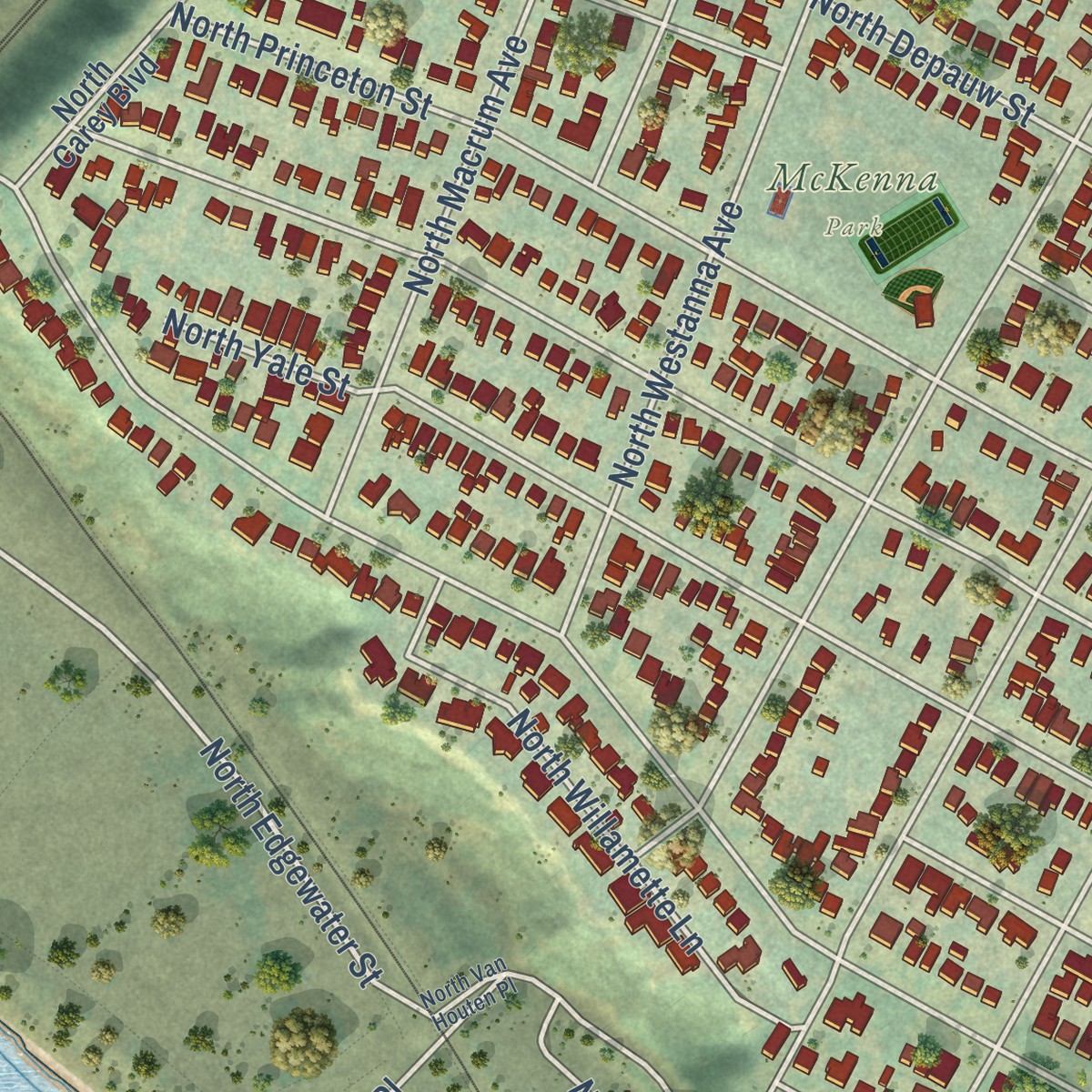 Second close-up of the map of University Park, Oregon print showing more streets and buildings