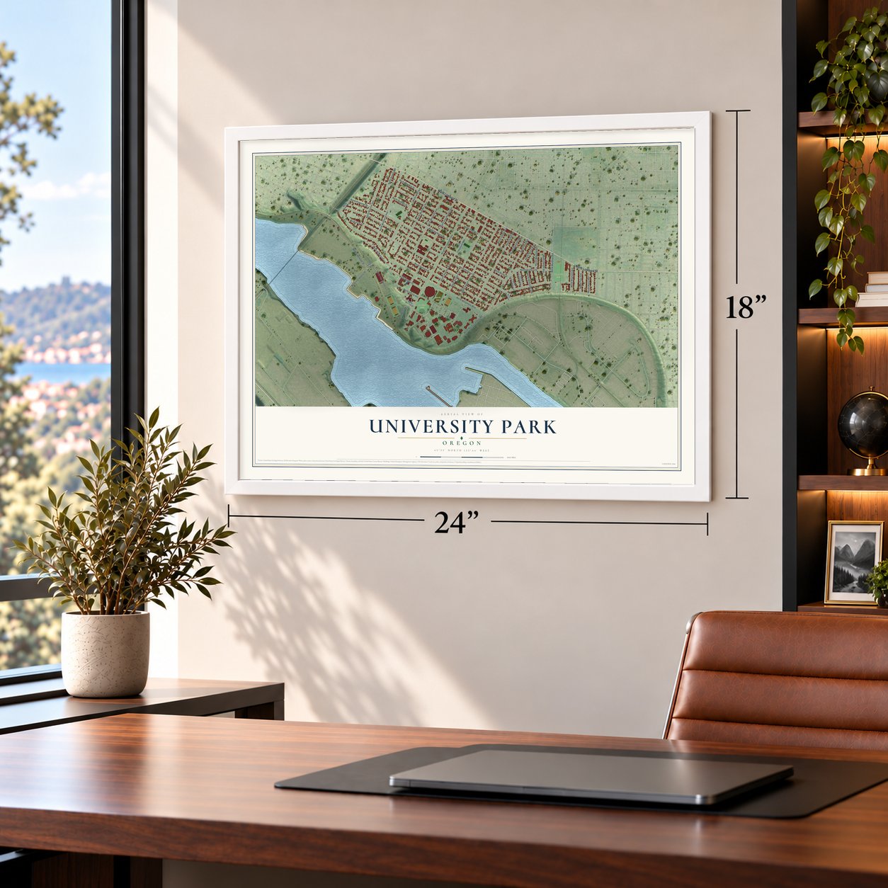 University Park, Oregon map, 18 x 24 inch print in a white frame in a home office