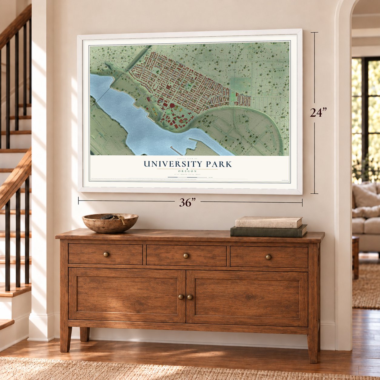 University Park, Oregon map, 24 x 36 inch print in a white frame above a dresser by a staircase