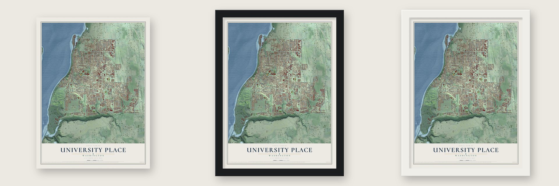 University Place, Washington map unframed, in a black wood frame and in a white wood frame