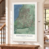 University Place, Washington map, 24 x 36 inch print in a white frame by a staircase