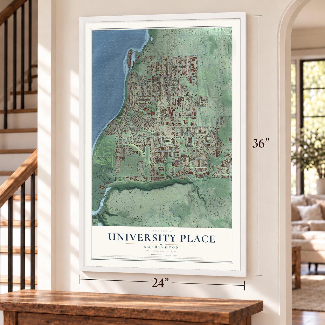 University Place, Washington map, 24 x 36 inch print in a white frame by a staircase