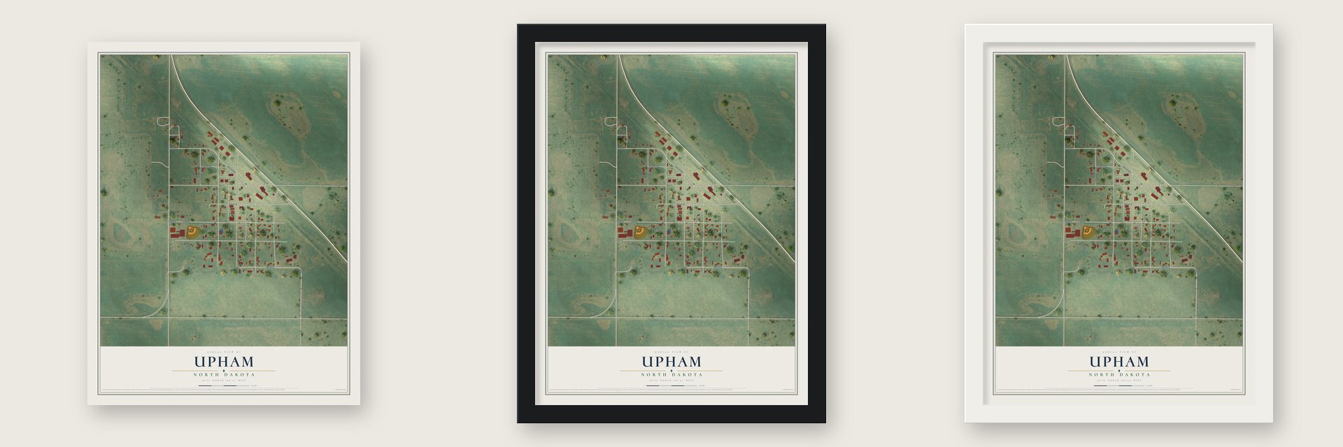 Upham, North Dakota map unframed, in a black wood frame and in a white wood frame