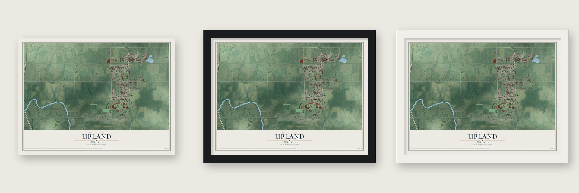 Upland, Indiana map unframed, in a black wood frame and in a white wood frame