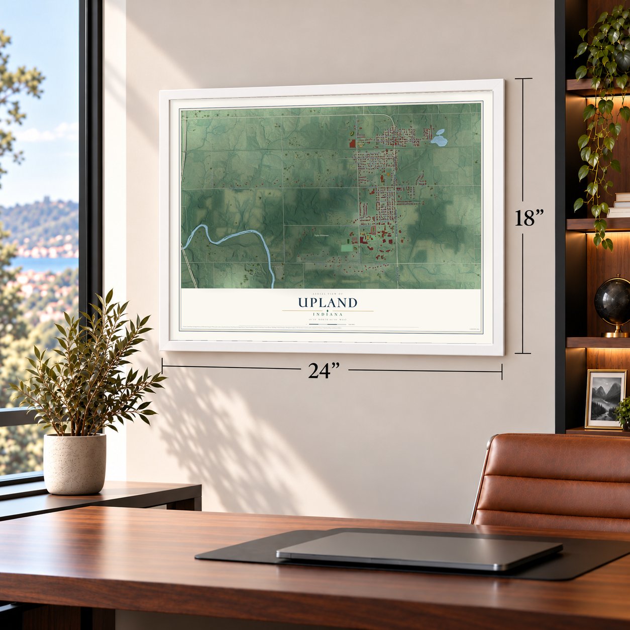 Upland, Indiana map, 18 x 24 inch print in a white frame in a home office