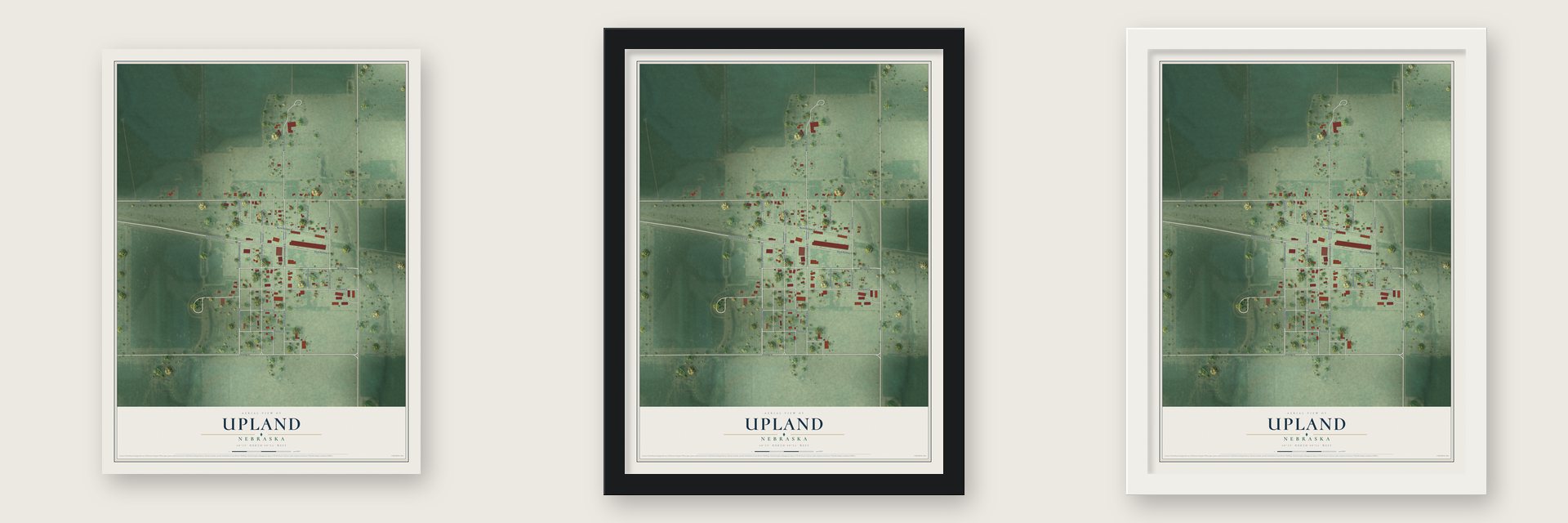 Upland, Nebraska map unframed, in a black wood frame and in a white wood frame
