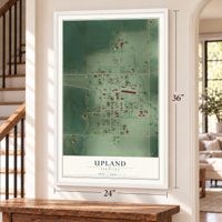 Upland, Nebraska map, 24 x 36 inch print in a white frame by a staircase