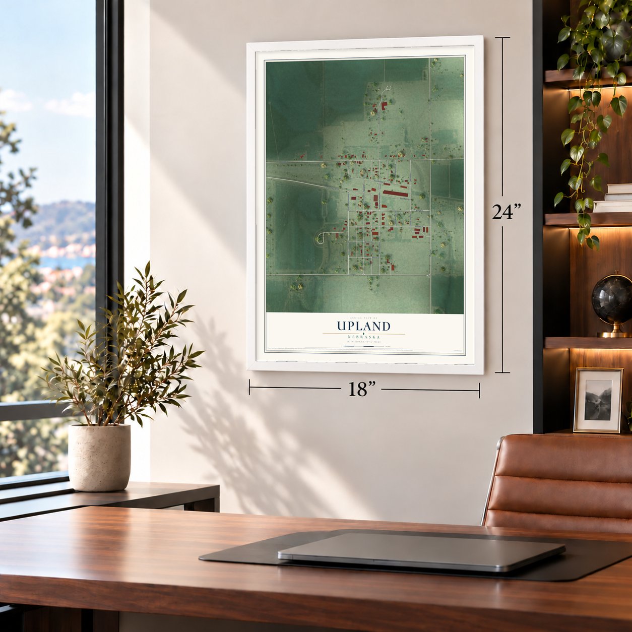 Upland, Nebraska map, 18 x 24 inch print in a white frame in a home office