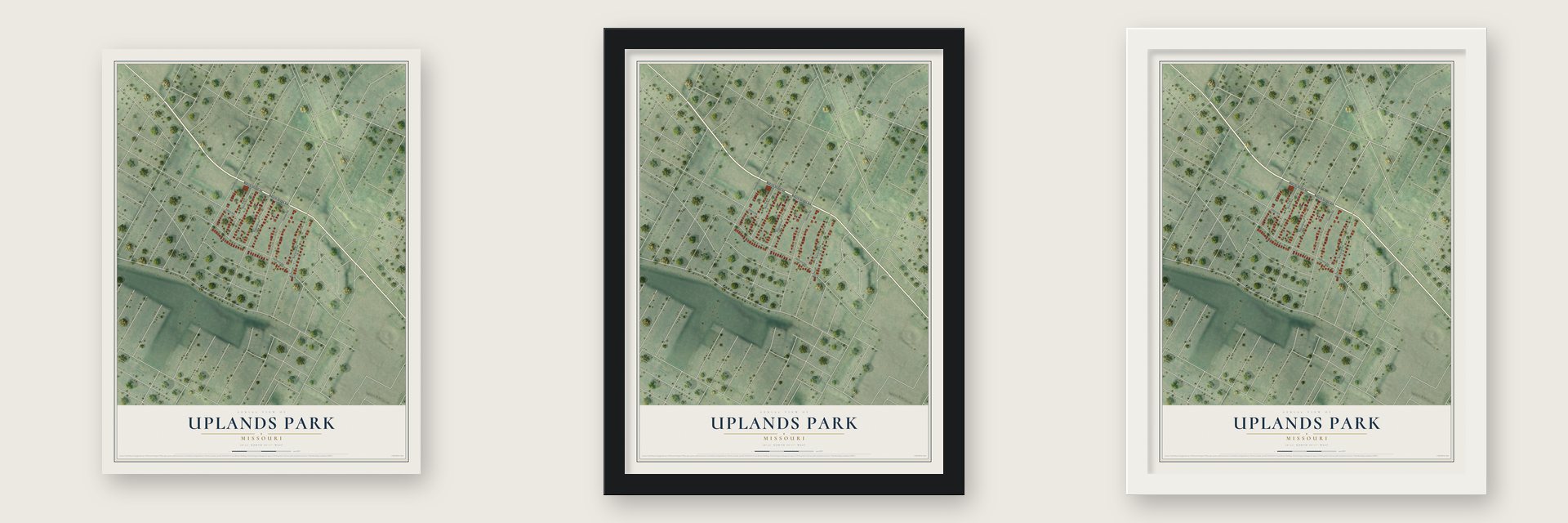 Uplands Park, Missouri map unframed, in a black wood frame and in a white wood frame