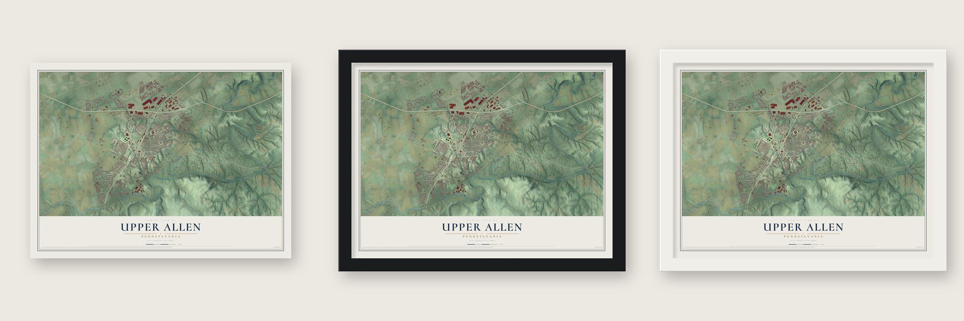 Upper Allen, Pennsylvania map unframed, in a black wood frame and in a white wood frame