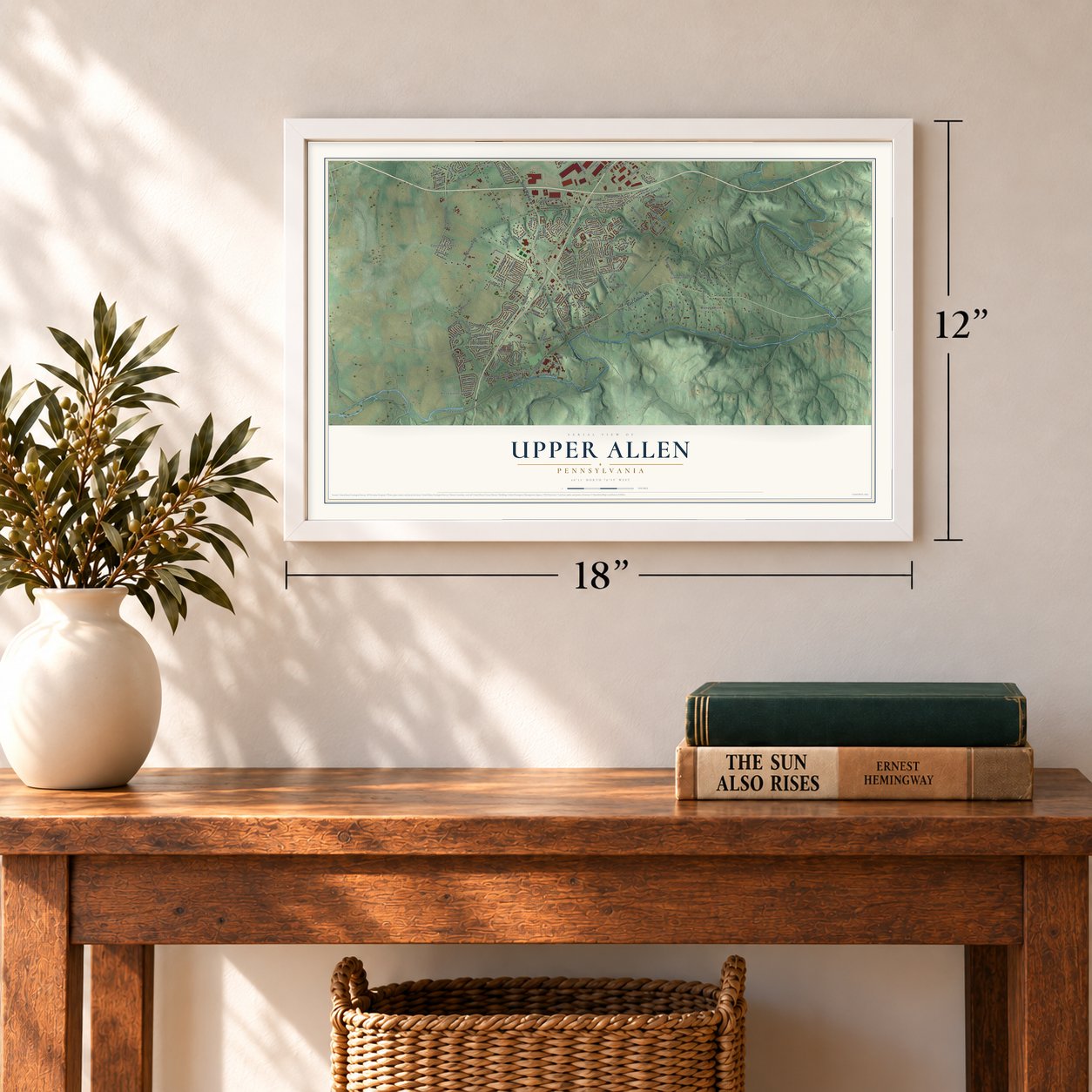 Upper Allen, Pennsylvania map, 12 x 18 inch print in a white frame in an entryway