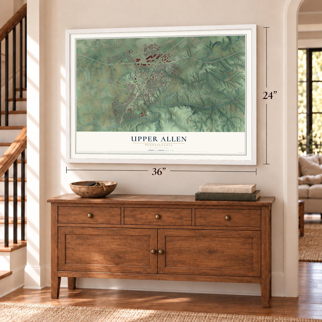Upper Allen, Pennsylvania map, 24 x 36 inch print in a white frame above a dresser by a staircase