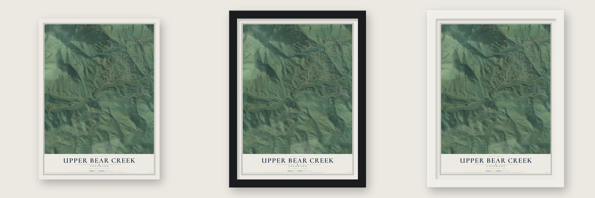 Upper Bear Creek, Colorado map unframed, in a black wood frame and in a white wood frame