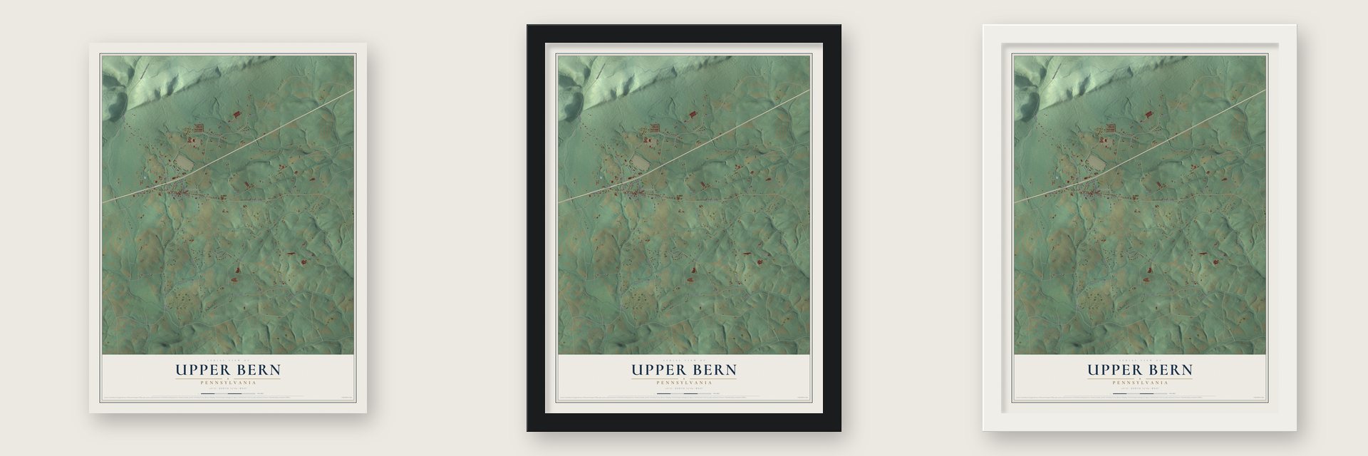 Upper Bern, Pennsylvania map unframed, in a black wood frame and in a white wood frame