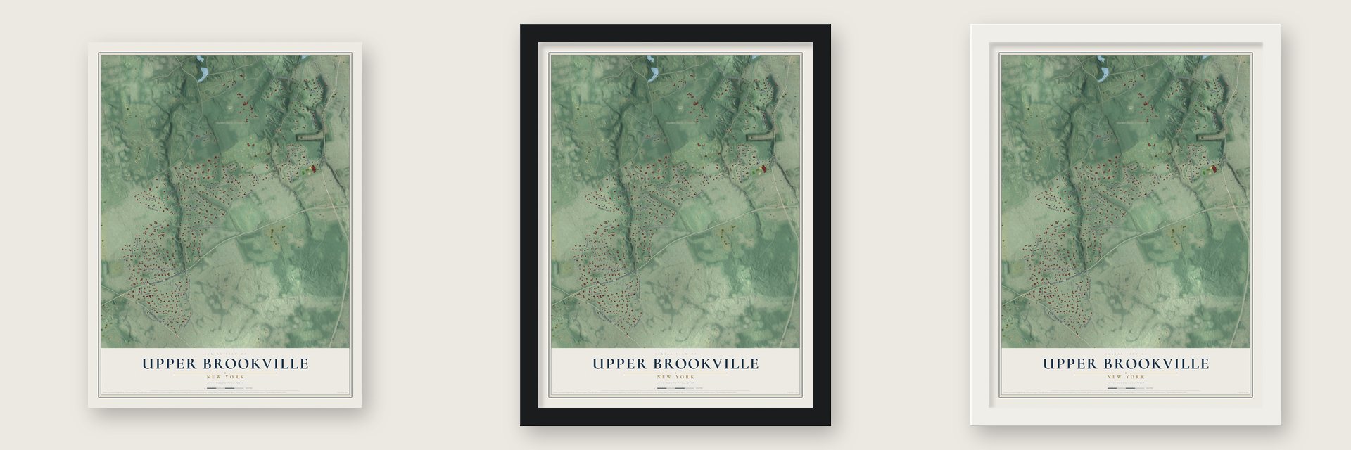 Upper Brookville, New York map unframed, in a black wood frame and in a white wood frame