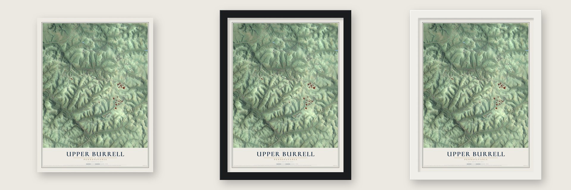 Upper Burrell, Pennsylvania map unframed, in a black wood frame and in a white wood frame