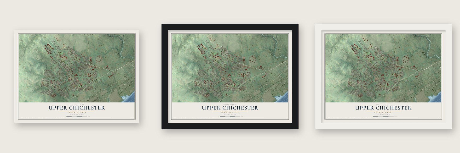 Upper Chichester, Pennsylvania map unframed, in a black wood frame and in a white wood frame